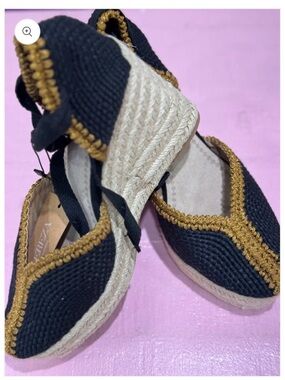 Black & Gold Espadrille Wedge Flats - Women's Summer Shoes Made in Spain
